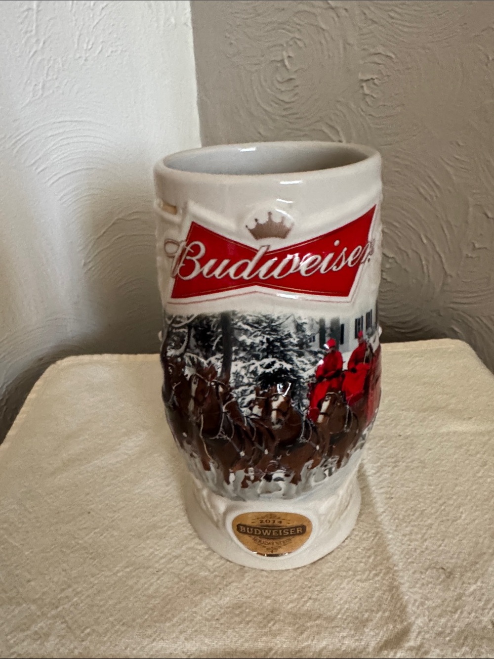 Budweiser White Ceramic Stein with Red Logo and Clydesdales